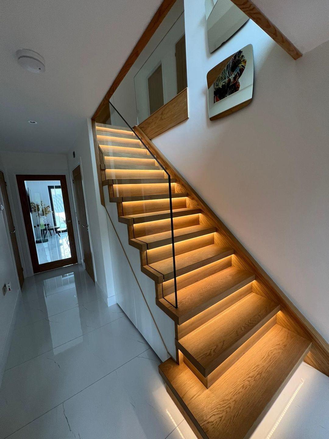 oak glass led staircase project photograph 3.